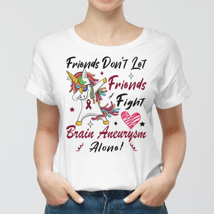 Friends Dont Let Friends Fight Brain Aneurysm Alone Unicorn Burgundy Ribbon Brain Aneurysm Bpd Brain Aneurysm Women T-shirt