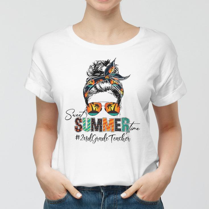 Sweet Summer Time 2Nd Grade Teacher Messy Bun Beach Vibes Women T-shirt