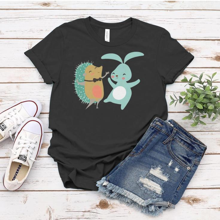 Cute Dancing Hedgehog & Rabbit Cartoon Art Women T-shirt Unique Gifts