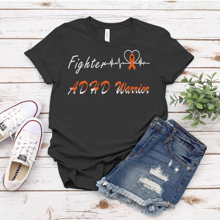 Fighter Adhd Warrior Heartbeat Orange Ribbon Attention Deficit Hyperactivity Disorder Adhd Awareness Women T-shirt Funny Gifts