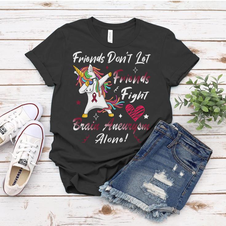 Friends Dont Let Friends Fight Brain Aneurysm Alone Unicorn Burgundy Ribbon Brain Aneurysm Bpd Brain Aneurysm V2 Women T-shirt Funny Gifts