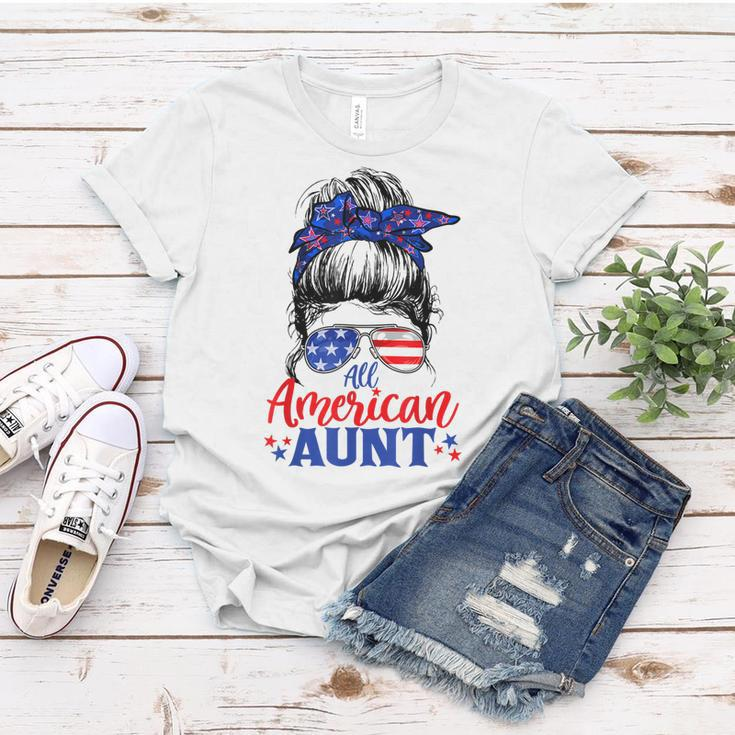 4Th Of July All American Aunt Messy Bun Patriotic Usa Flag Women T-shirt Funny Gifts