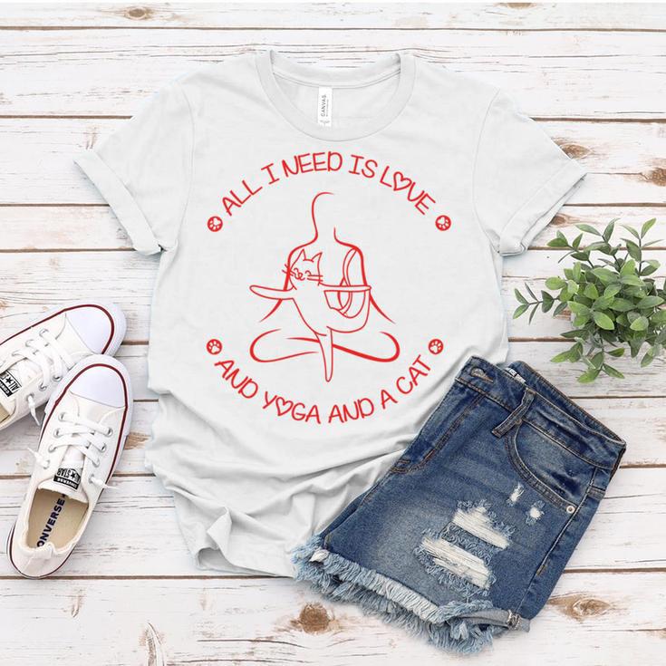 All I Need Is Love And Yoga And A Cat Lovers Gift For Yoga Lovers Red Women T-shirt Funny Gifts