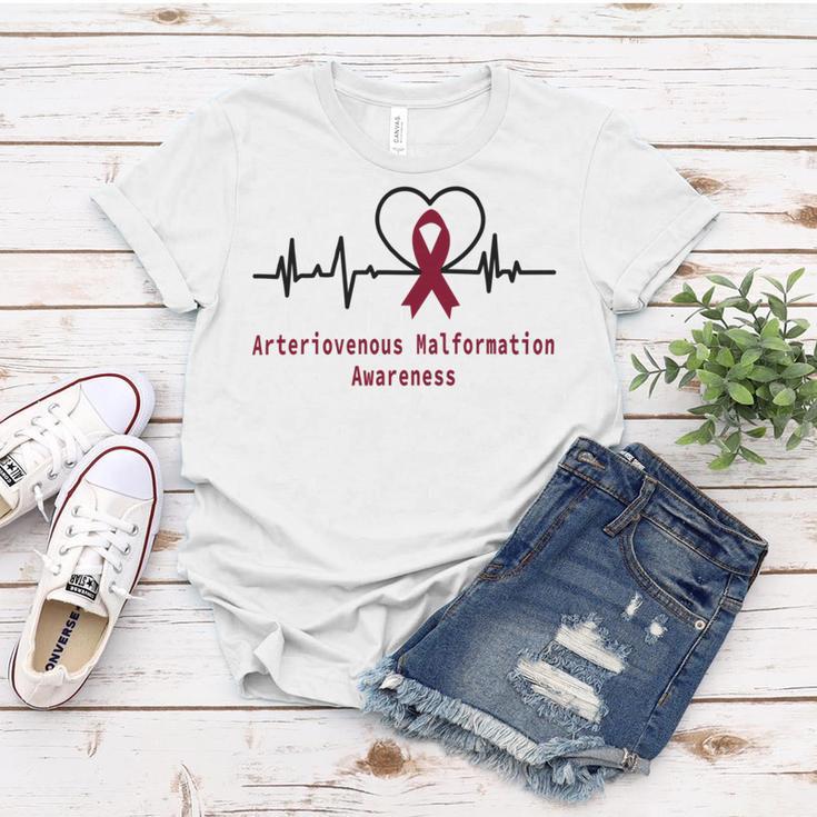 Arteriovenous Malformation Awareness Heartbeat Burgundy Ribbon Arteriovenous Malformation Support Arteriovenous Malformation Awareness Women T-shirt Funny Gifts