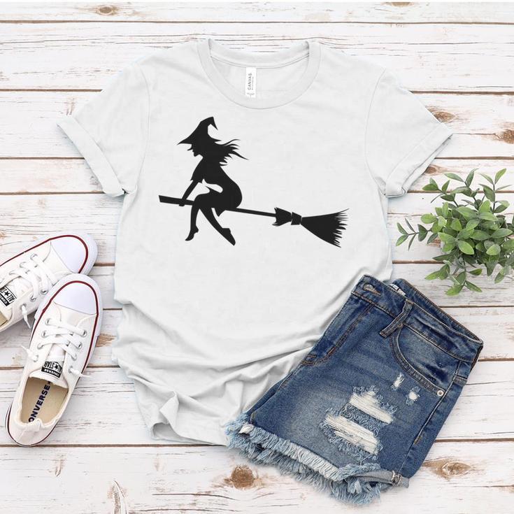 Halloween Young Scary Witch On Broom Pattern Women T-shirt Funny Gifts