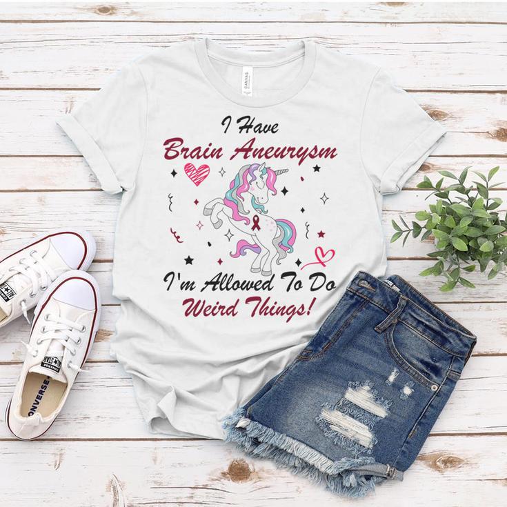 I Have Brain Aneurysm Im Allowed To Do Weird Things Unicorn Burgundy Ribbon Brain Aneurysm Bpd Brain Aneurysm Women T-shirt Funny Gifts