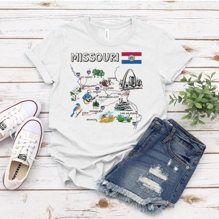 Map Of Missouri Landmarks Major Cities Roads Flag Women T-shirt Unique Gifts
