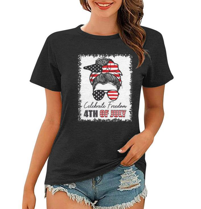 4Th Of July Women Celebrate Freedom Messy Bun American Flag Women T-shirt