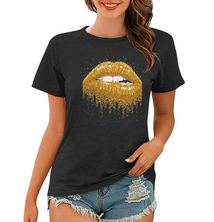 Cool Lips Bite Kiss Me -Gold Sparkle- Sexy Lips Gift Women T-shirt