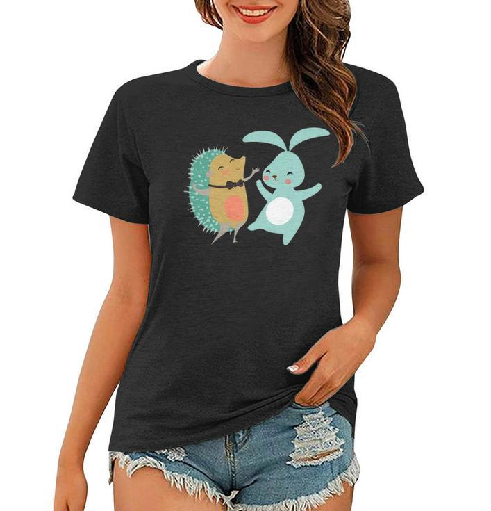 Cute Dancing Hedgehog & Rabbit Cartoon Art Women T-shirt