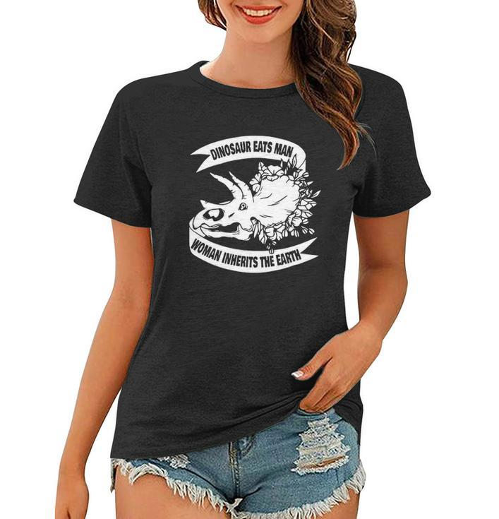Dinosaur Eats Man Woman Inherits The Earth Women T-shirt