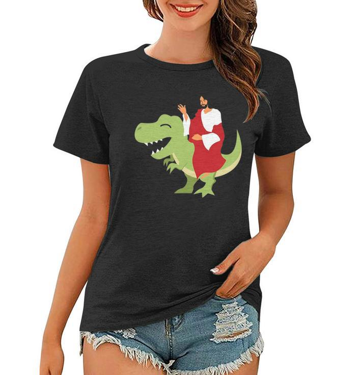 Funny Parody Jesus Riding Dinosaur Cute Meme Dino Gift Women T-shirt