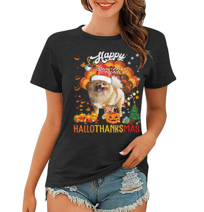 Hallothanksmas Santa Turkey Pumpkin Pomeranian Dog T-Shirt Women T-shirt