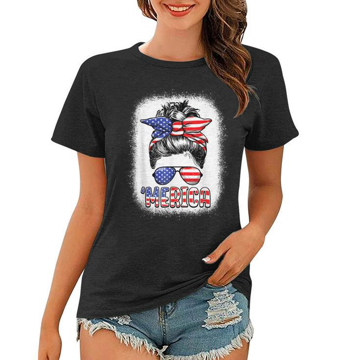 Merica Messy Bun Women Girls American Flag Usa 4Th Of July  Women T-shirt