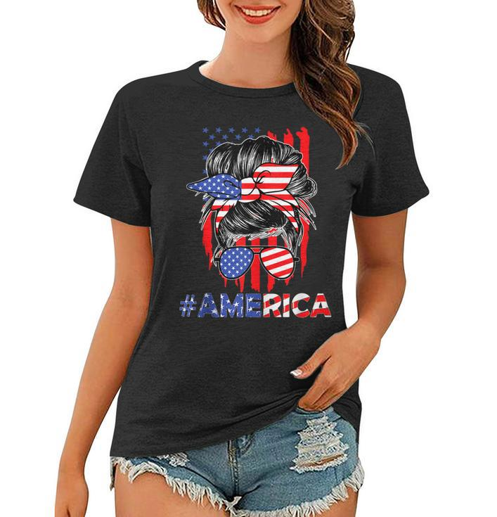 Mom Life Messy Bun America Flag Mothers Day Gift 4Th Of July  Women T-shirt