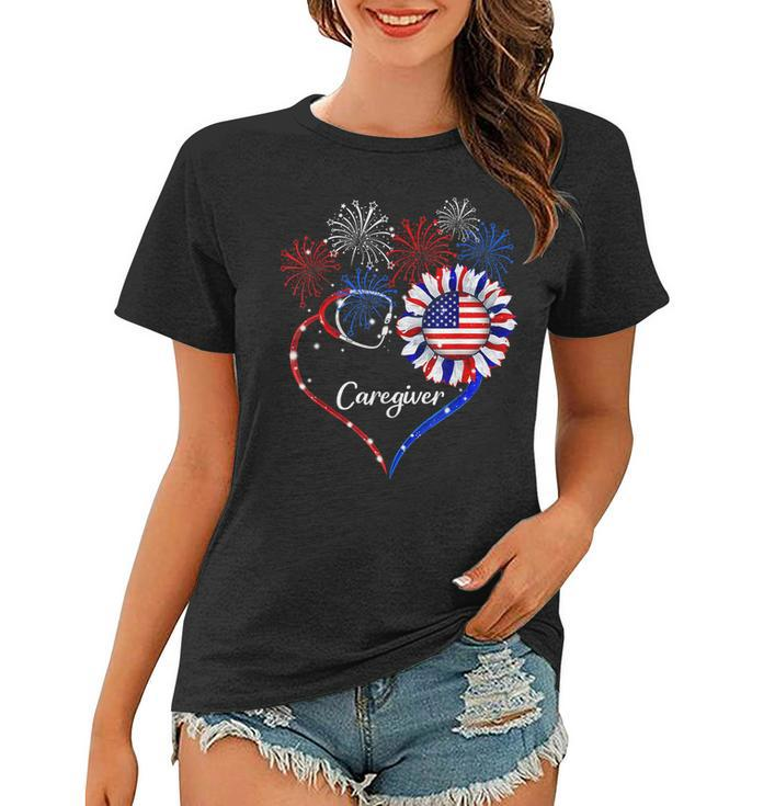 Patriotic Caregiver Sunflower 4Th Of July American Flag Love  Women T-shirt