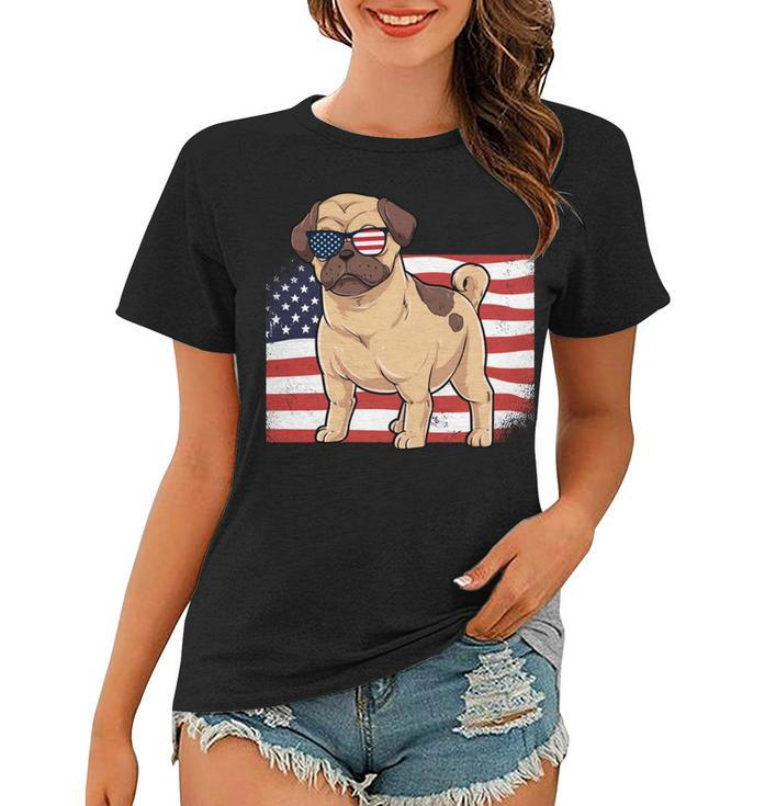 Pug Dad & Mom American Flag 4Th Of July Usa Funny Pug Lover   Women T-shirt