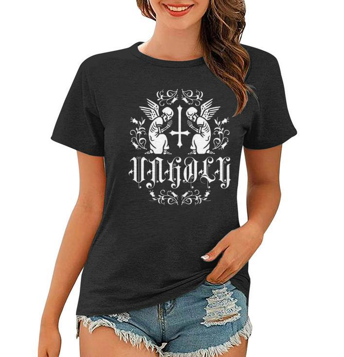 Unholy Praying Skeletons With Inverted Upside Down Cross Women T-shirt
