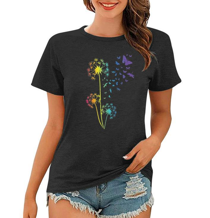 Womens Just Dandelion Butterfly Breathe Rainbow Flowers Dragonfly Women T-shirt