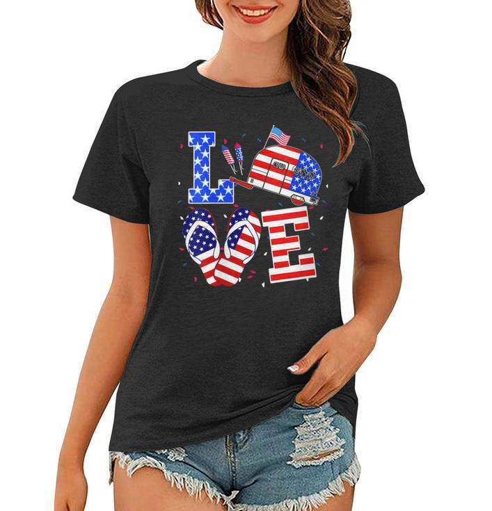 Womens Love Camping Flip Flop Usa Flag 4Th Of July Camper Patriotic  Women T-shirt