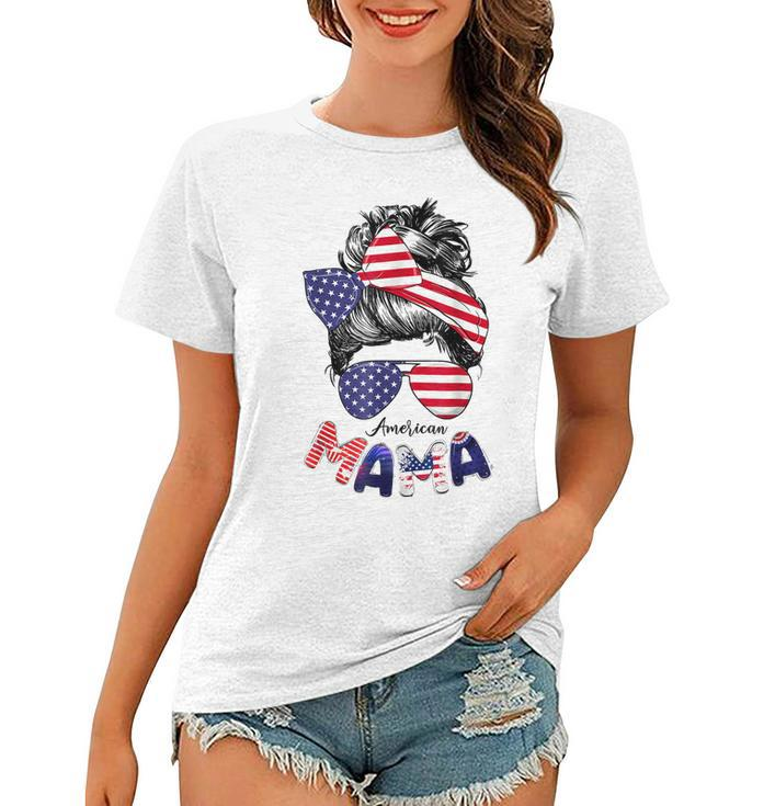 4Th Of July American Mama Messy Bun Mom Life Patriotic Mom  Women T-shirt