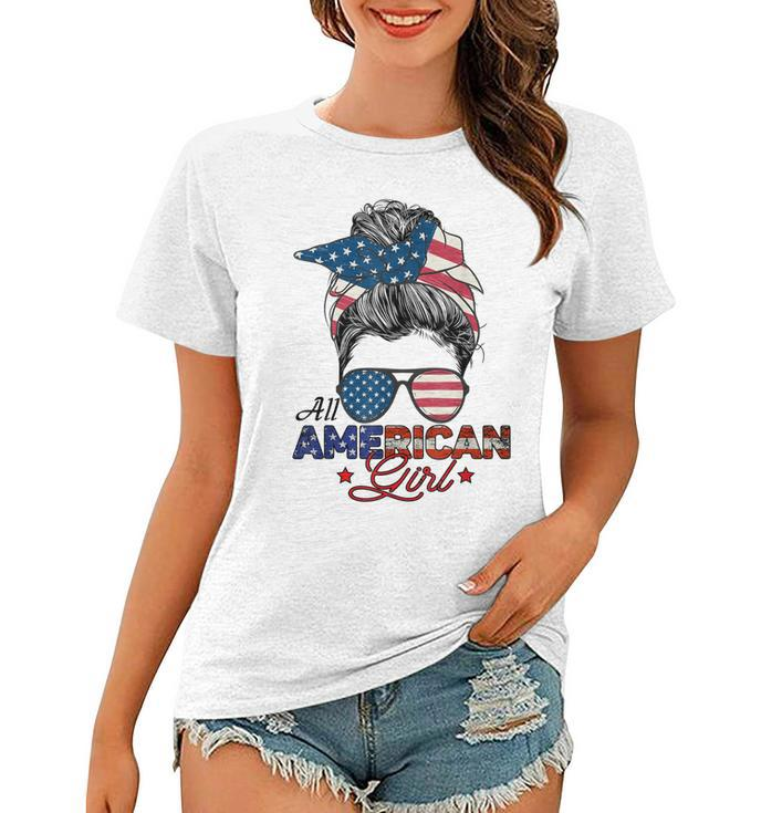 All American Girl 4Th July Messy Bun Us Flag  Women T-shirt