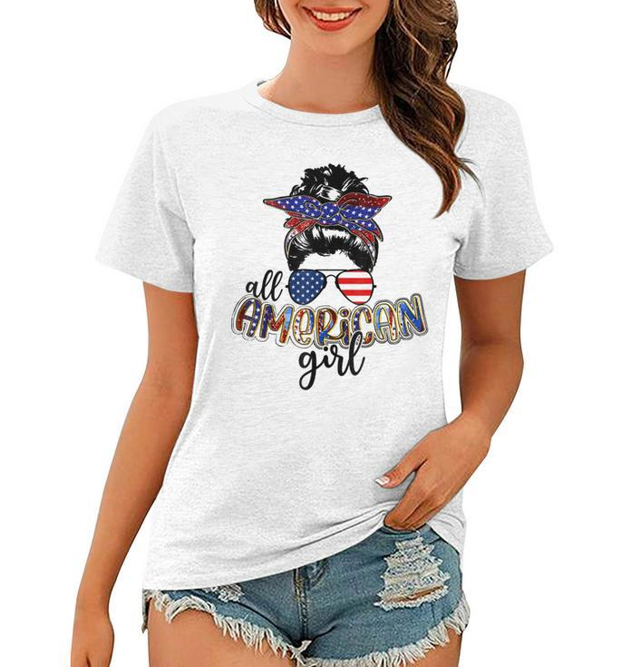 All American Girl Messy Bun Usa Flag Patriotic 4Th Of July  Women T-shirt
