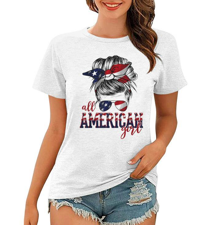 All American Girl Messy Hair Bun Woman Patriotic 4Th Of July  Women T-shirt