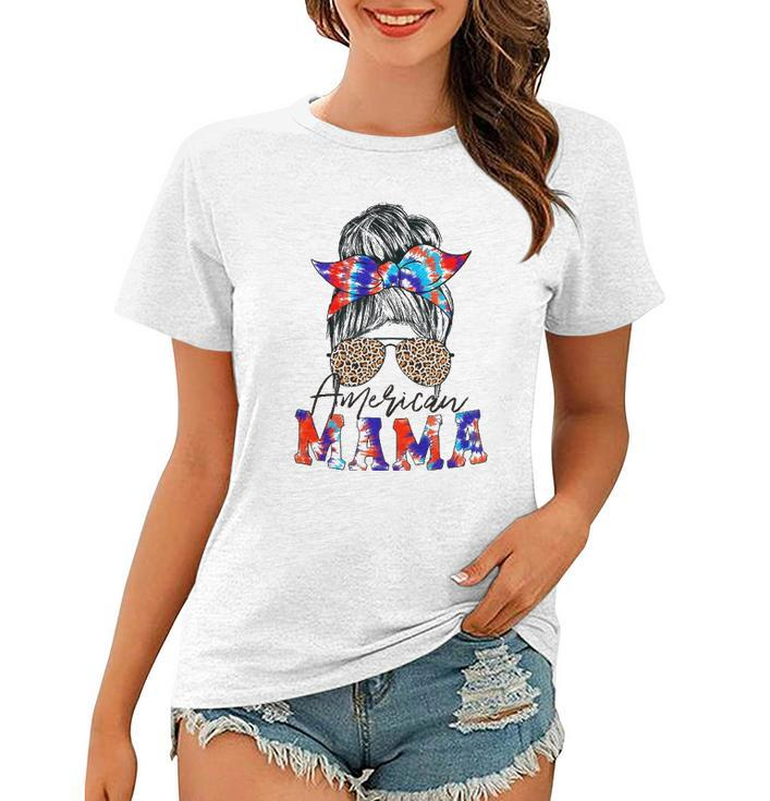 American Mama Usa Patriot Flag Tie Dye 4Th Of July Messy Bun Women T-shirt
