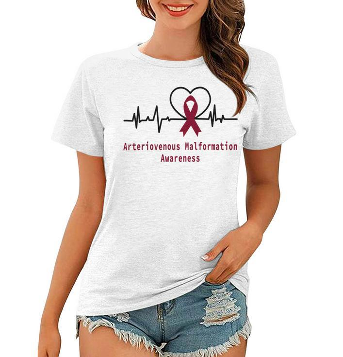 Arteriovenous Malformation Awareness Heartbeat  Burgundy Ribbon  Arteriovenous Malformation Support  Arteriovenous Malformation Awareness Women T-shirt