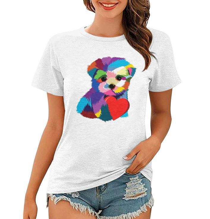 Cute Dog Rescue Gift For Women Men Teens Rainbow Puppy Heart Women T-shirt