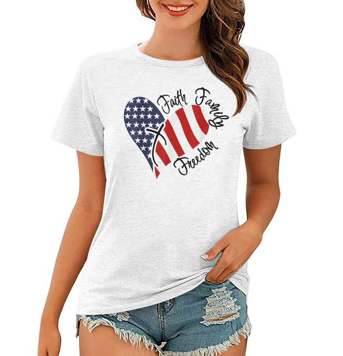 Faith Family Freedom 4th Of July American Flag Heart Women T-shirt