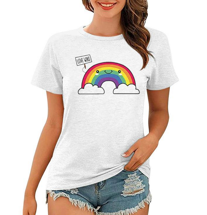 Love Wins Lgbt Kawaii Cute Anime Rainbow Flag Pocket Design Women T-shirt