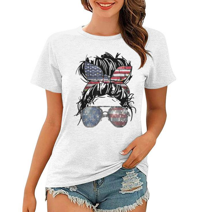Messy Bun American Flag Glasses 4Th Of July Patriotic  Women T-shirt