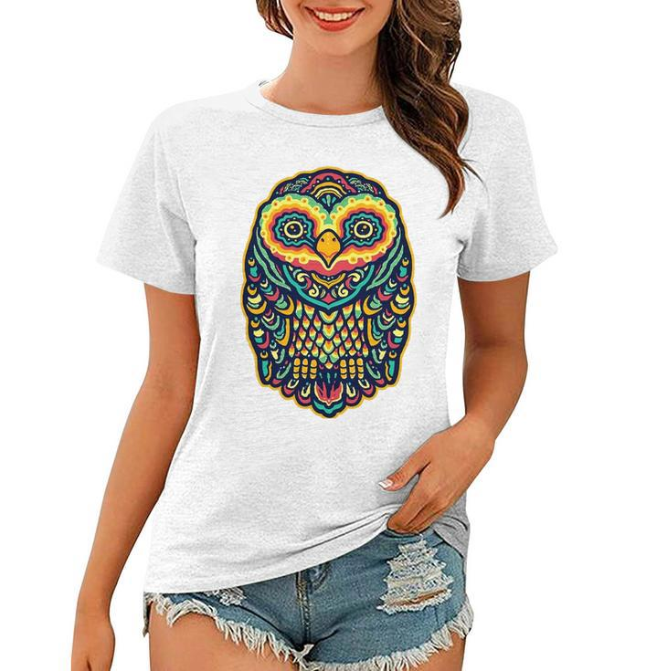 Psychedelic Owl Art Trippy Colors Colorful Rave Party Bird Women T-shirt