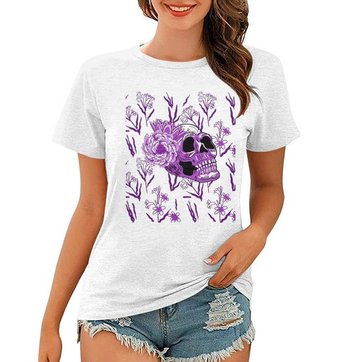 Purple Skull Flower Cool Floral Scary Halloween Gothic Theme Women T-shirt