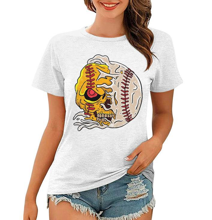 Skull Baseball Cool Skeleton Sports Player Pitcher Catcher Women T-shirt