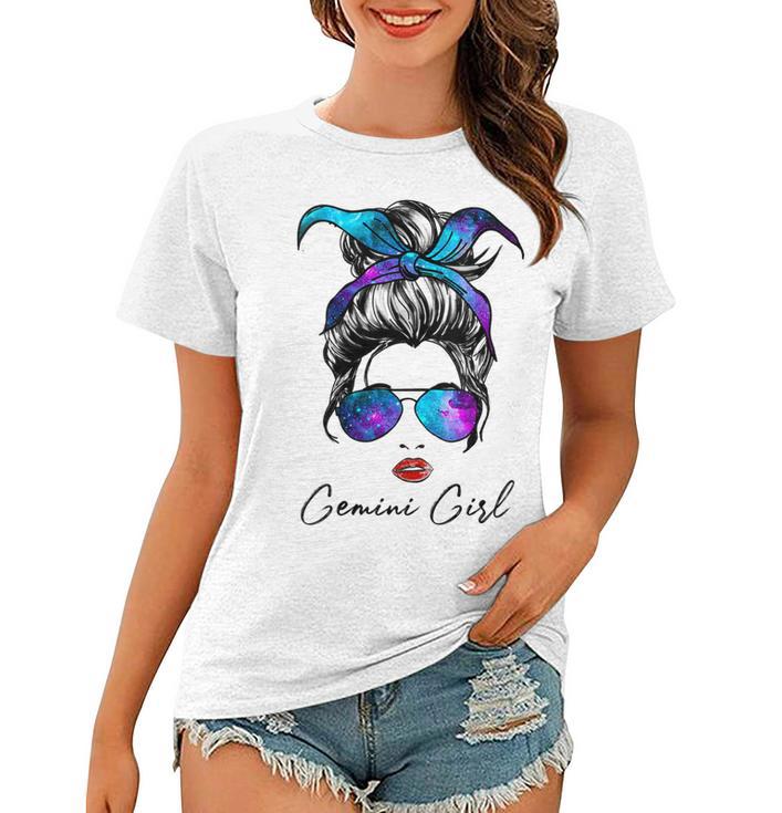 Womens Gemini Girl Zodiac Sign Horoscope Birthday Messy Bun Galaxy  Women T-shirt