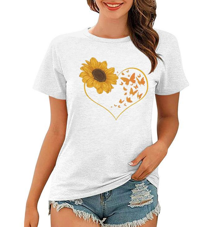 Yellow Flower Sunflowers Heart Butterfly Blossom Sunflower Women T-shirt
