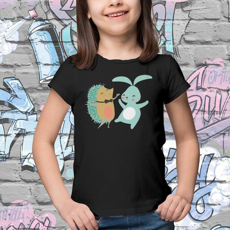Cute Dancing Hedgehog & Rabbit Cartoon Art Youth T-shirt