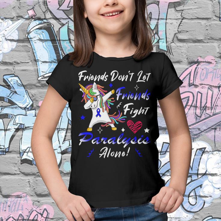 Friends Dont Let Friends Fight Paralysis Alone Unicorn Blue Ribbon Paralysis Paralysis Awareness Youth T-shirt