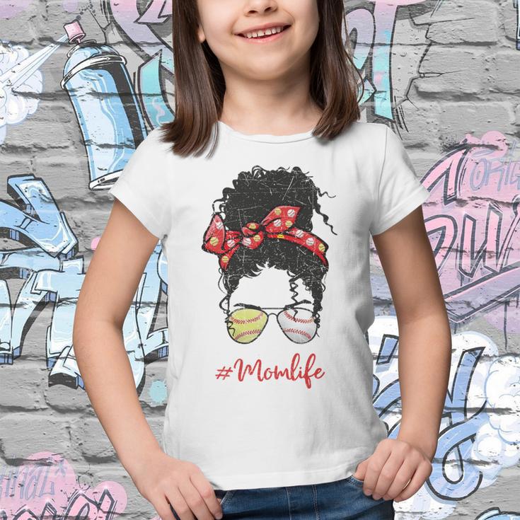 Baseball Softball Momlife Mom Messy Bun Afro Mom Mothers Day Youth T-shirt