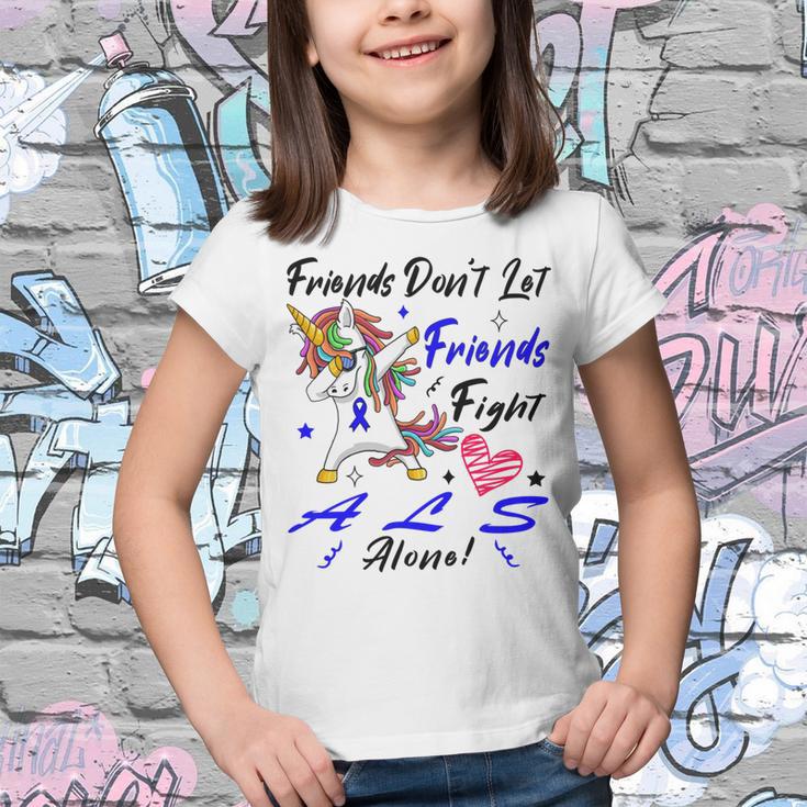 Friends Dont Let Friends Fight Als Alone Unicorn Blue Ribbon Amyotrophic Lateral Sclerosis Support Als Awareness Youth T-shirt