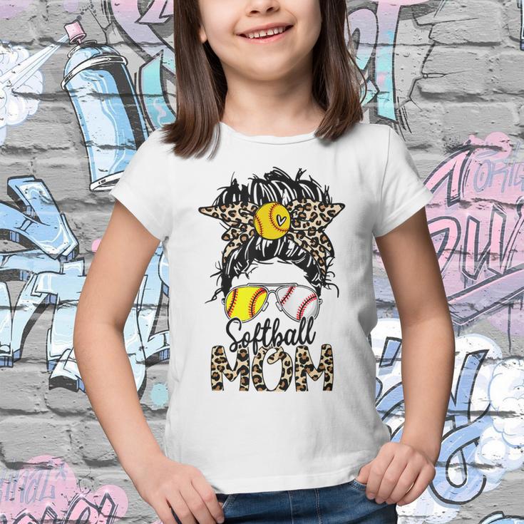 Softball Mom Messy Bun Leopard Glasses Bandana Mothers Day Youth T-shirt