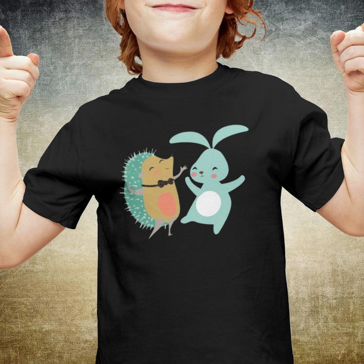 Cute Dancing Hedgehog & Rabbit Cartoon Art Youth T-shirt