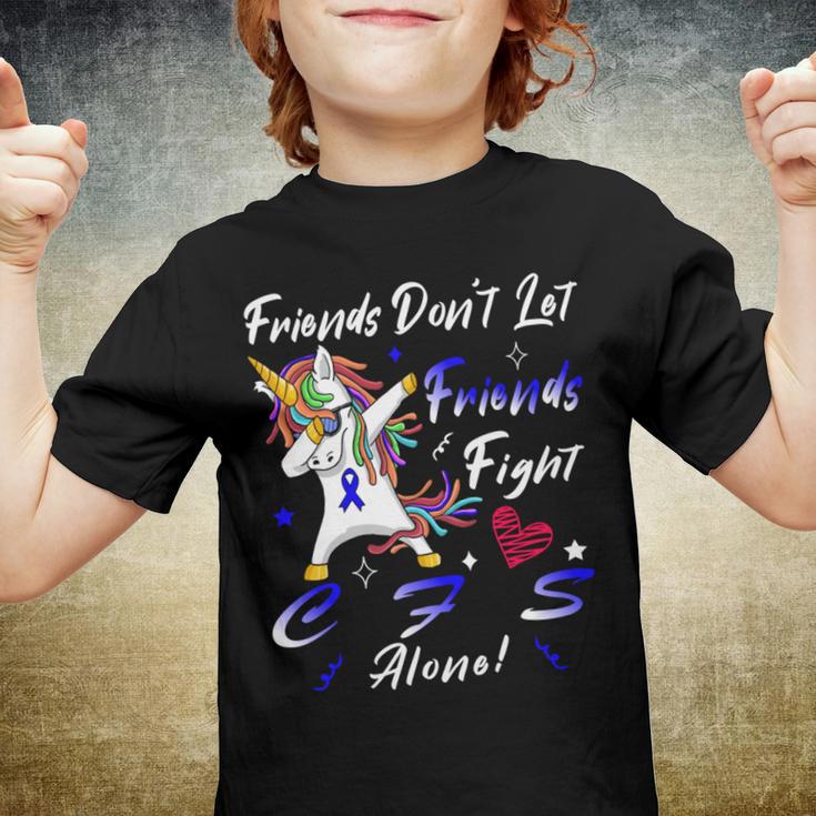 Friends Dont Let Friends Fight Chronic Fatigue Syndrome Cfs Alone Unicorn Blue Ribbon Chronic Fatigue Syndrome Support Cfs Awareness V2 Youth T-shirt