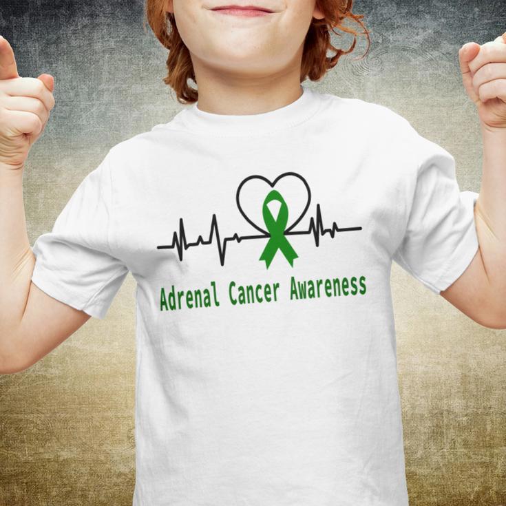 Adrenal Cancer Awareness Heartbeat Green Ribbon Adrenal Cancer Adrenal Cancer Awareness Youth T-shirt