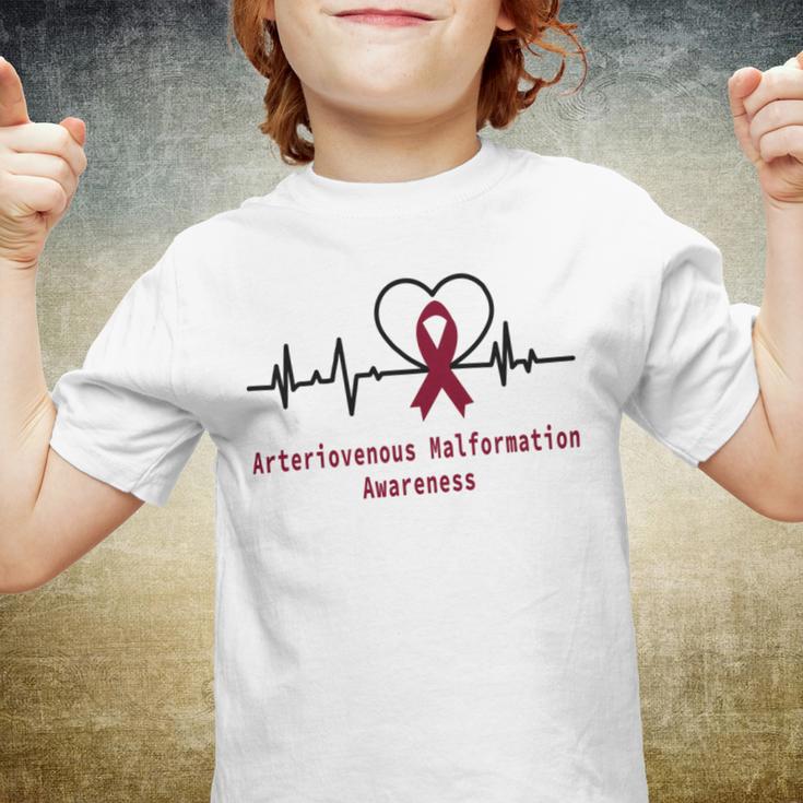 Arteriovenous Malformation Awareness Heartbeat Burgundy Ribbon Arteriovenous Malformation Support Arteriovenous Malformation Awareness Youth T-shirt