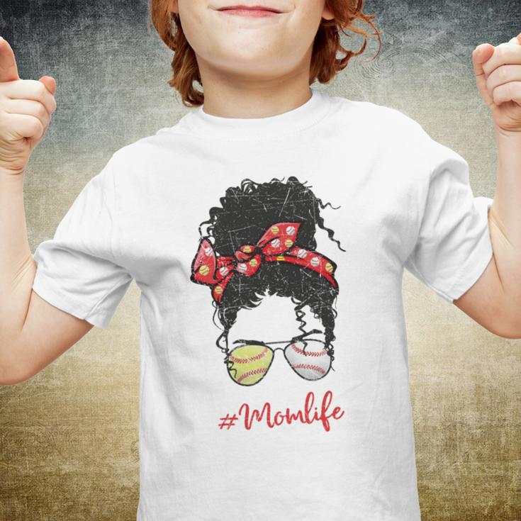 Baseball Softball Momlife Mom Messy Bun Afro Mom Mothers Day Youth T-shirt