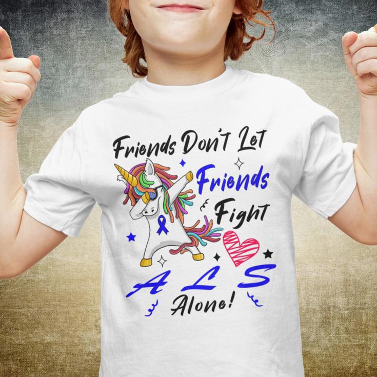 Friends Dont Let Friends Fight Als Alone Unicorn Blue Ribbon Amyotrophic Lateral Sclerosis Support Als Awareness Youth T-shirt